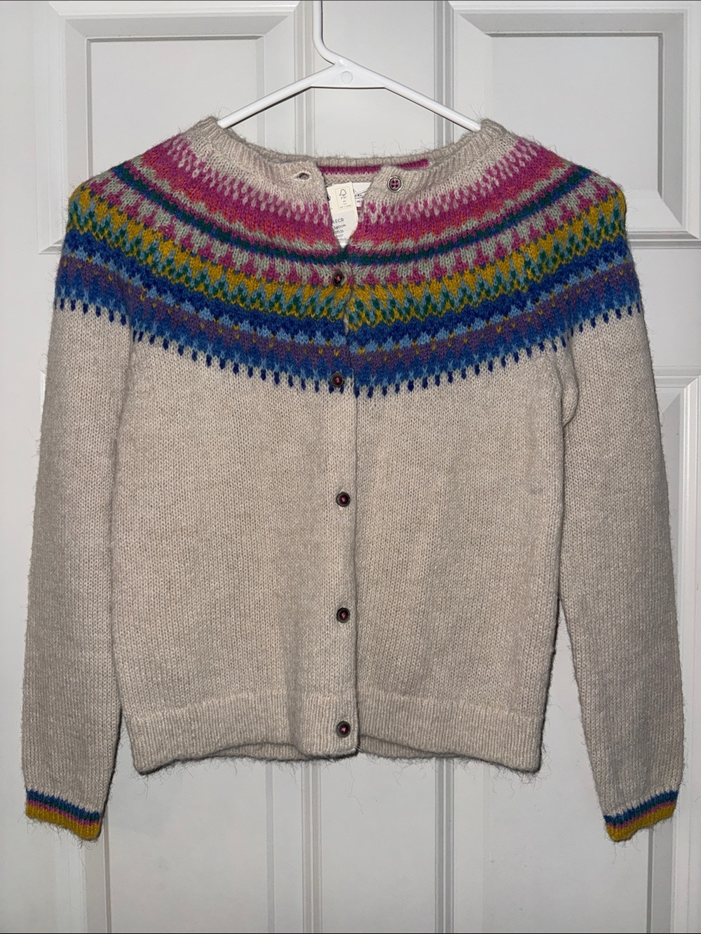 Mini Boden Cream Fair Isle Wool Cardigan with colorful rainbow pattern